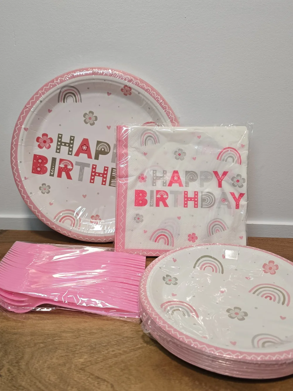 Happy Birthday Pink Boho Rainbow Party Paper Plates, Napkins & Cutlery Set 96pc.